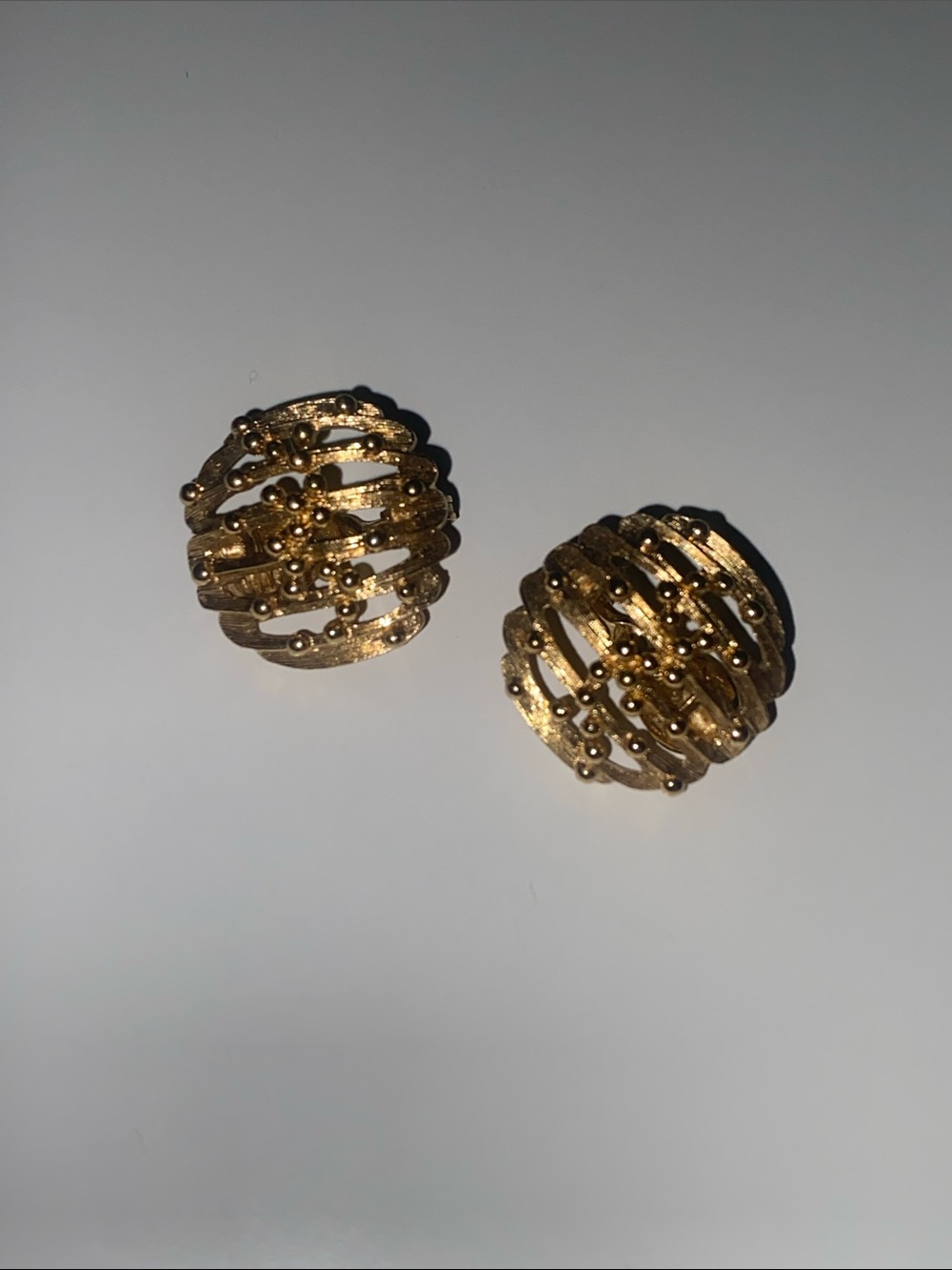 Vintage Gold Textured Dome Stud Earrings with Bead Accents - Women Jewelry